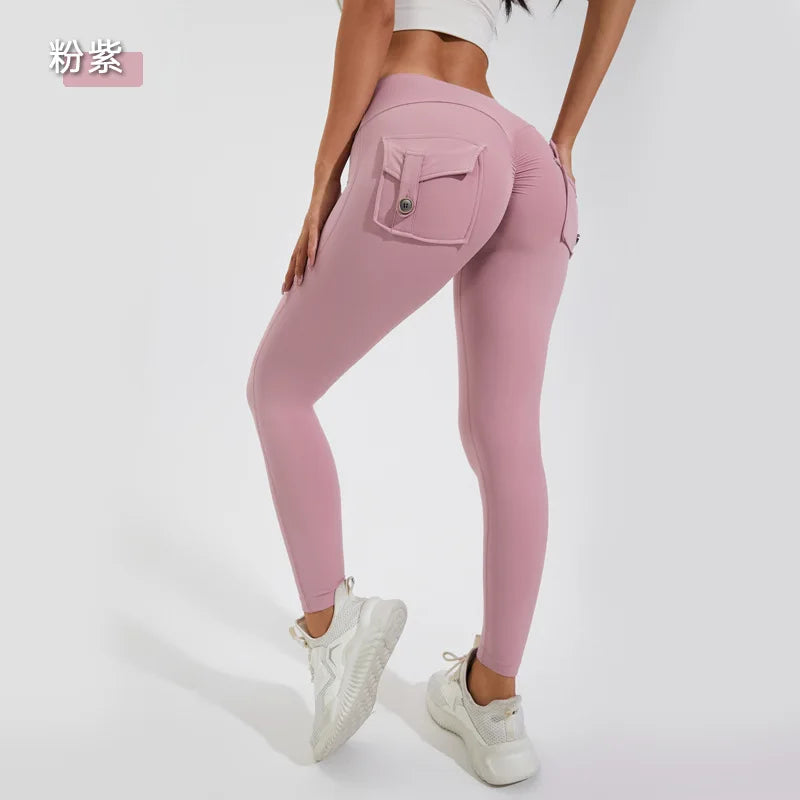 Women Girls Stretchy Compression Lightweight Quick Dry Scrunch Back Gym Cargo Pockets Leggings