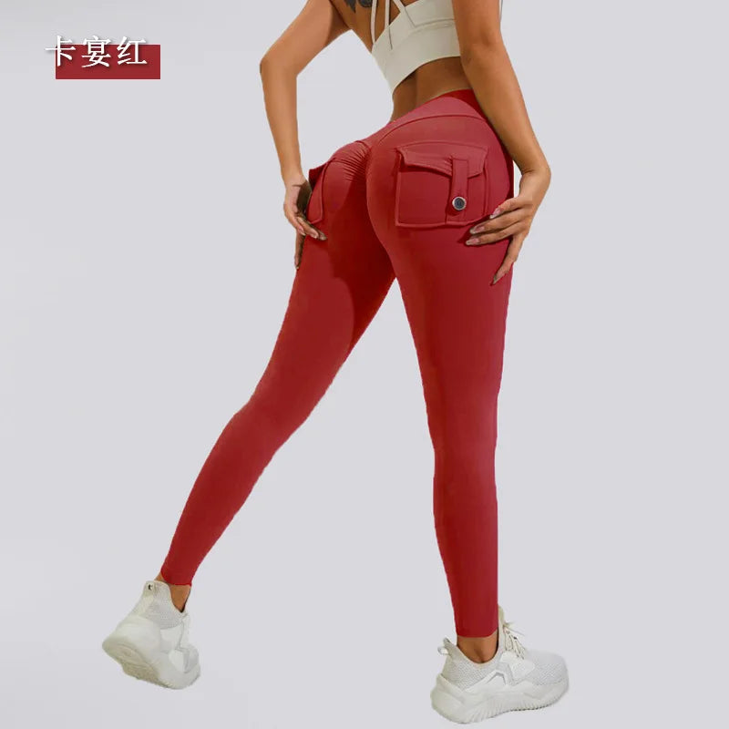 Women Girls Stretchy Compression Lightweight Quick Dry Scrunch Back Gym Cargo Pockets Leggings