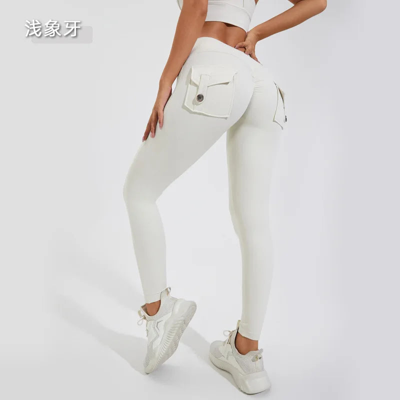 Women Girls Stretchy Compression Lightweight Quick Dry Scrunch Back Gym Cargo Pockets Leggings