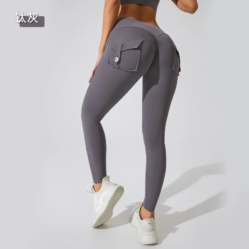 Women Girls Stretchy Compression Lightweight Quick Dry Scrunch Back Gym Cargo Pockets Leggings