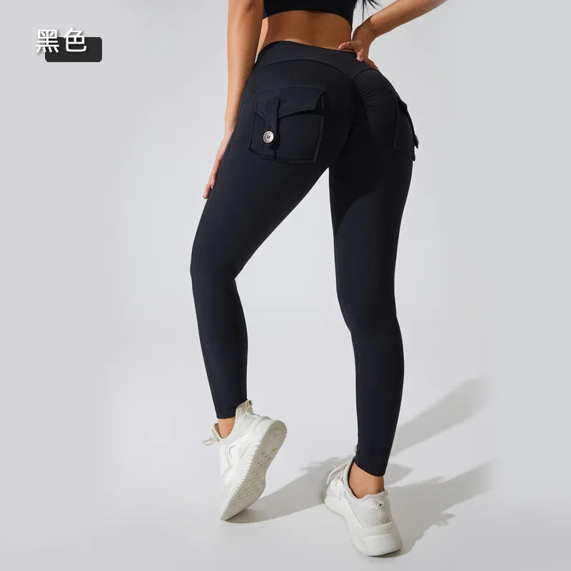 Women Girls Stretchy Compression Lightweight Quick Dry Scrunch Back Gym Cargo Pockets Leggings