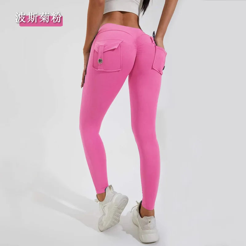 Women Girls Stretchy Compression Lightweight Quick Dry Scrunch Back Gym Cargo Pockets Leggings