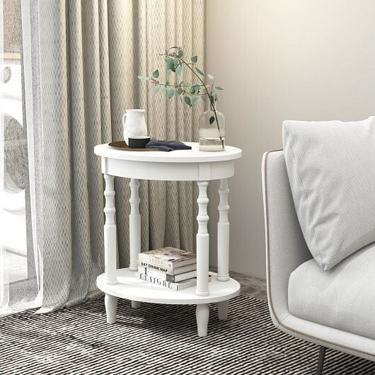 2-Tier Oval Side Table with Storage Shelf and Solid Wood Legs-Espresso