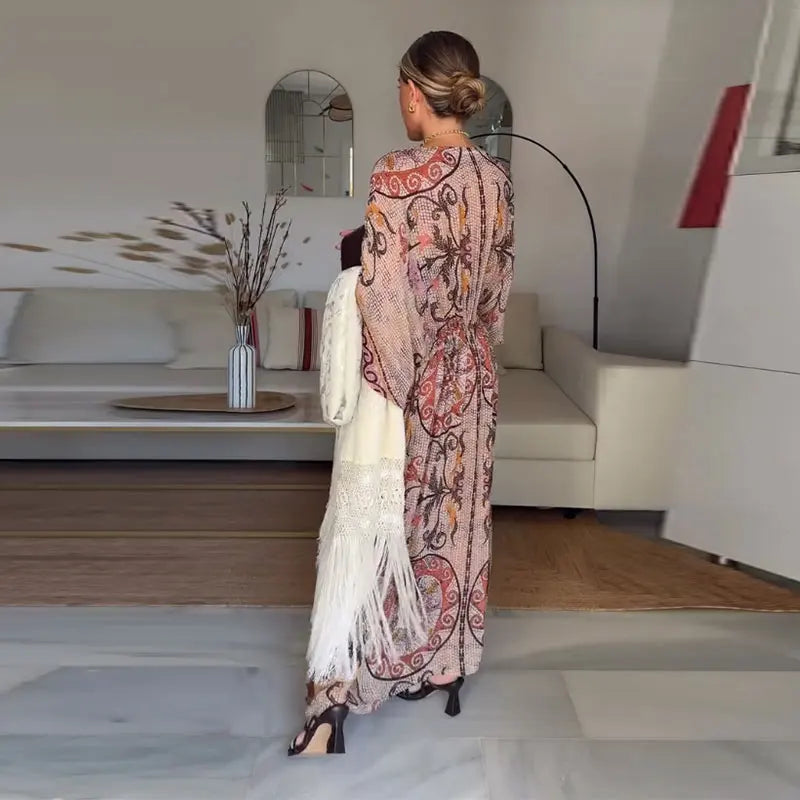 Women V Neck Vintage Vine Print Batwing Sleeve Maxi Dress Drawstring Waist Loose Flare Long Dress Mesh Texture Beach Vacation