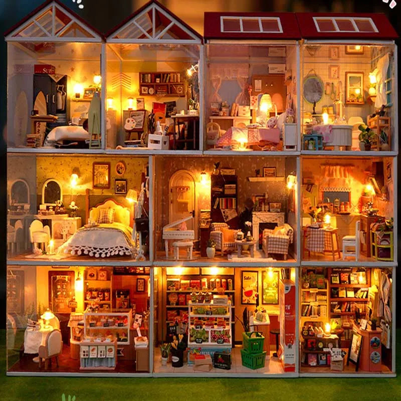 DIY Doll House Wooden Miniature Kit with Furniture Set Handmade Model Assembly Toy Case for Birthday Gifts