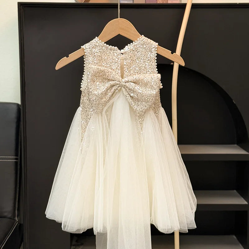 Summer Girls Tulle Dress Princess Sequined Puff Mesh Gown Kids Birthday Party Vestidos Children Casual Fashion Clothes 2-10Y