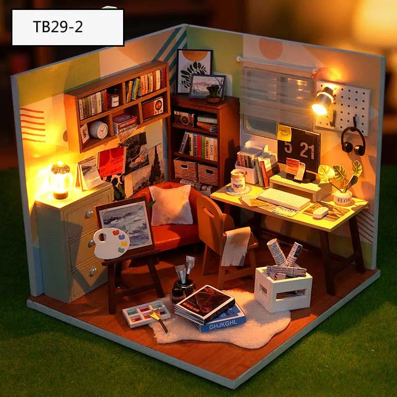 DIY Doll House Wooden Miniature Kit with Furniture Set Handmade Model Assembly Toy Case for Birthday Gifts