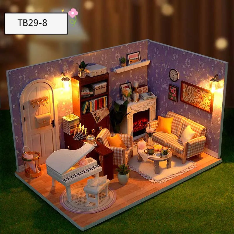 DIY Doll House Wooden Miniature Kit with Furniture Set Handmade Model Assembly Toy Case for Birthday Gifts