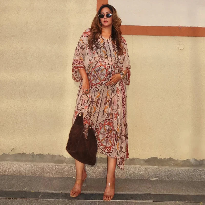 Women V Neck Vintage Vine Print Batwing Sleeve Maxi Dress Drawstring Waist Loose Flare Long Dress Mesh Texture Beach Vacation