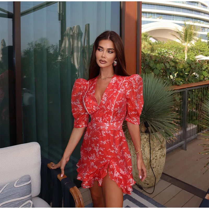 Women Red Floral Printed Mini Dress V-neck Short Sleeved Puff Sleeve Waist Trim Ruffle Slit Hem Dresses 2026 Summer Party Gown