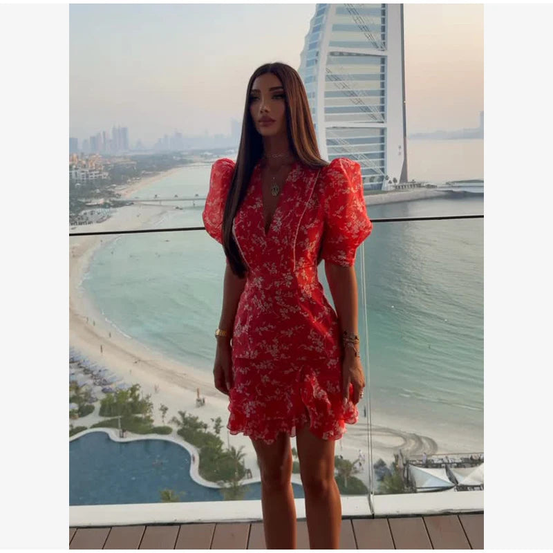 Women Red Floral Printed Mini Dress V-neck Short Sleeved Puff Sleeve Waist Trim Ruffle Slit Hem Dresses 2026 Summer Party Gown