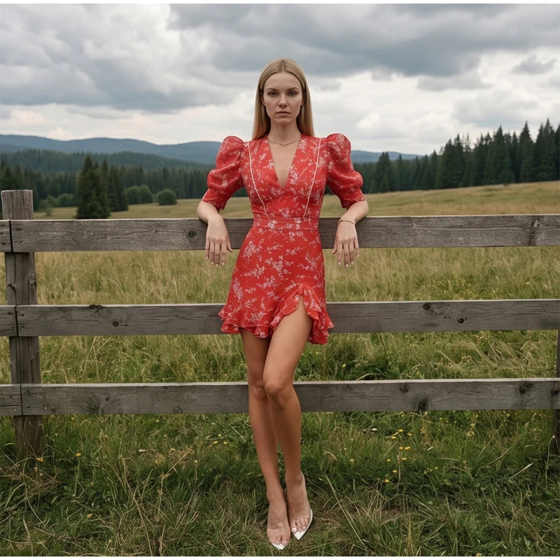 Women Red Floral Printed Mini Dress V-neck Short Sleeved Puff Sleeve Waist Trim Ruffle Slit Hem Dresses 2026 Summer Party Gown