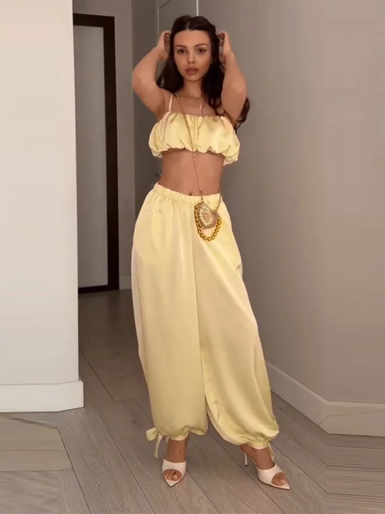 Women's Trousers 2 Pcs Suits Pleated Spaghetti Strap Cropped Tube Tops Elastic Waist Lace Up Pants Charming Ladies Partywear New