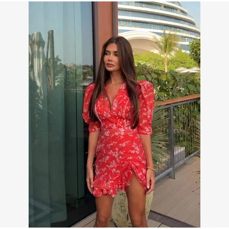Women Red Floral Printed Mini Dress V-neck Short Sleeved Puff Sleeve Waist Trim Ruffle Slit Hem Dresses 2026 Summer Party Gown