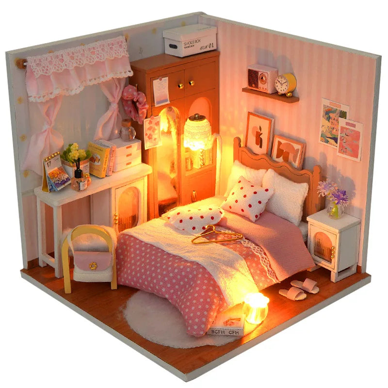DIY Doll House Wooden Miniature Kit with Furniture Set Handmade Model Assembly Toy Case for Birthday Gifts